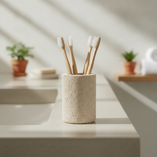 Porte-brosse à dents en diatomite avec brosses posées sur un plan vasque épuré