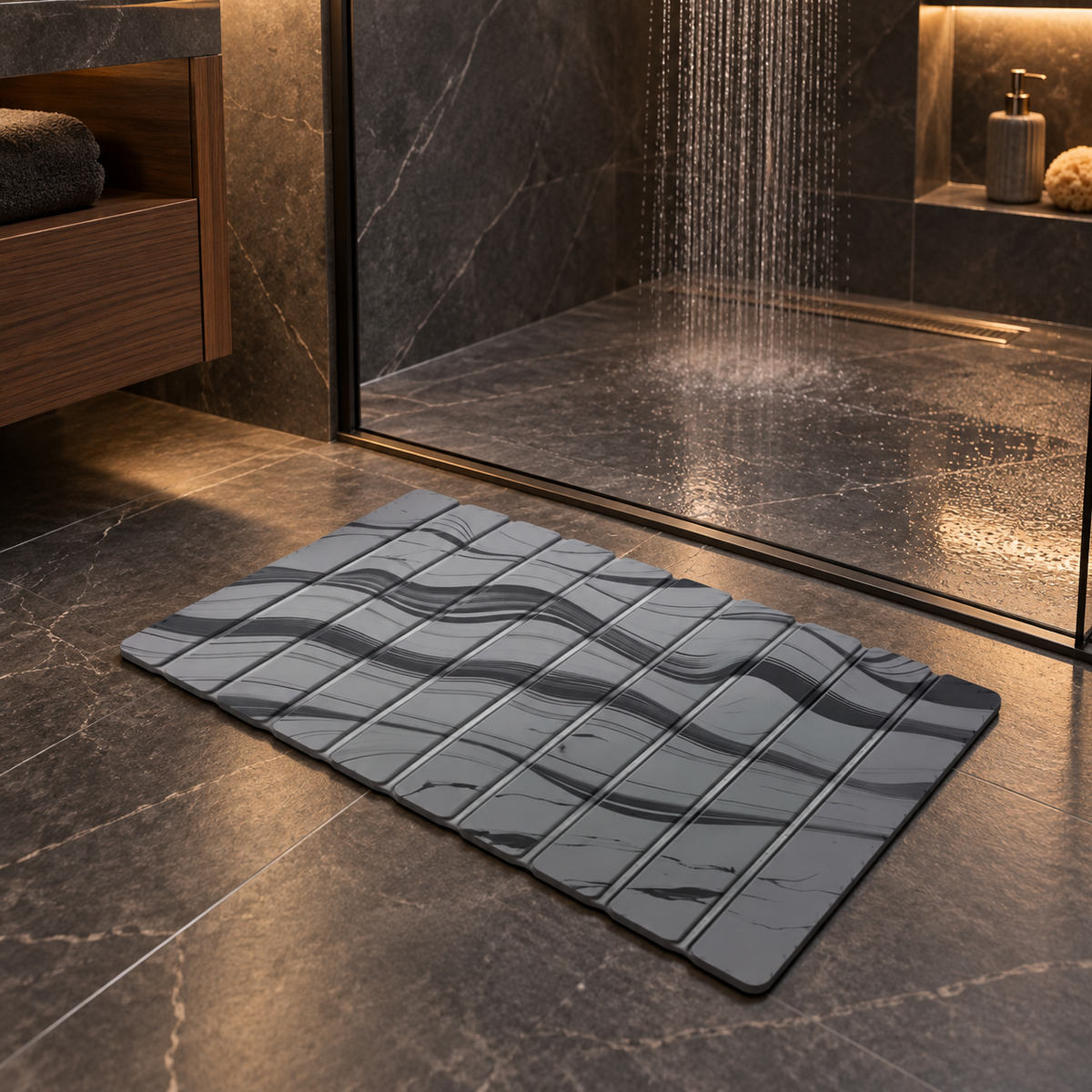Caillebotis Diatomite Marbre – Gris Orage dans une salle de bain contemporaine