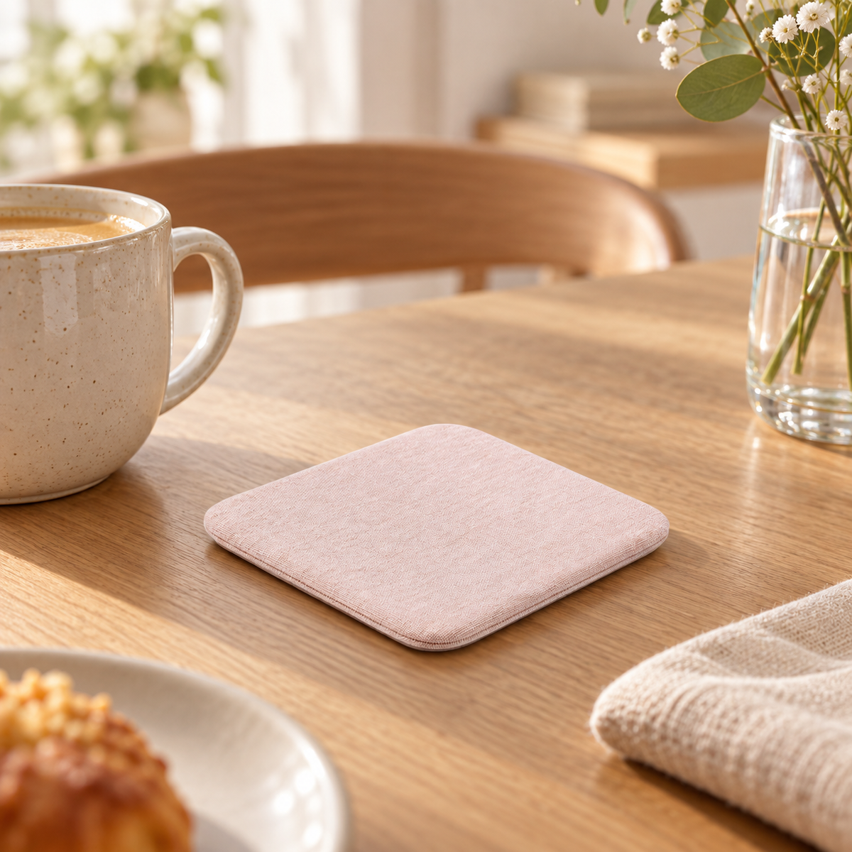 Dessous De Verre En Diatomite Rose – Rose / 8x8cm, Rose / 10x10cm sur une table basse minimaliste