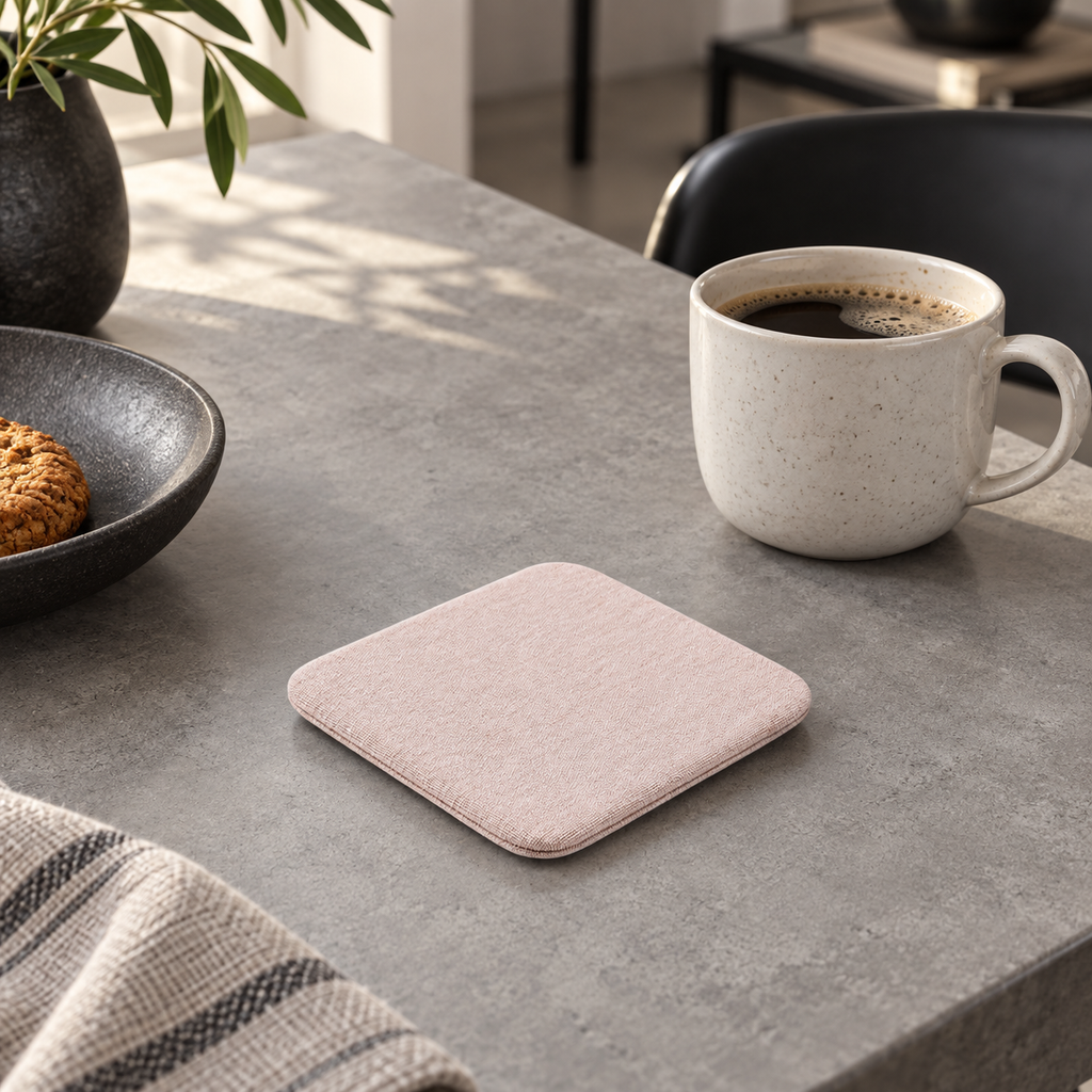 Dessous De Verre En Diatomite Rose – Rose / 8x8cm, Rose / 10x10cm sur un bureau lumineux