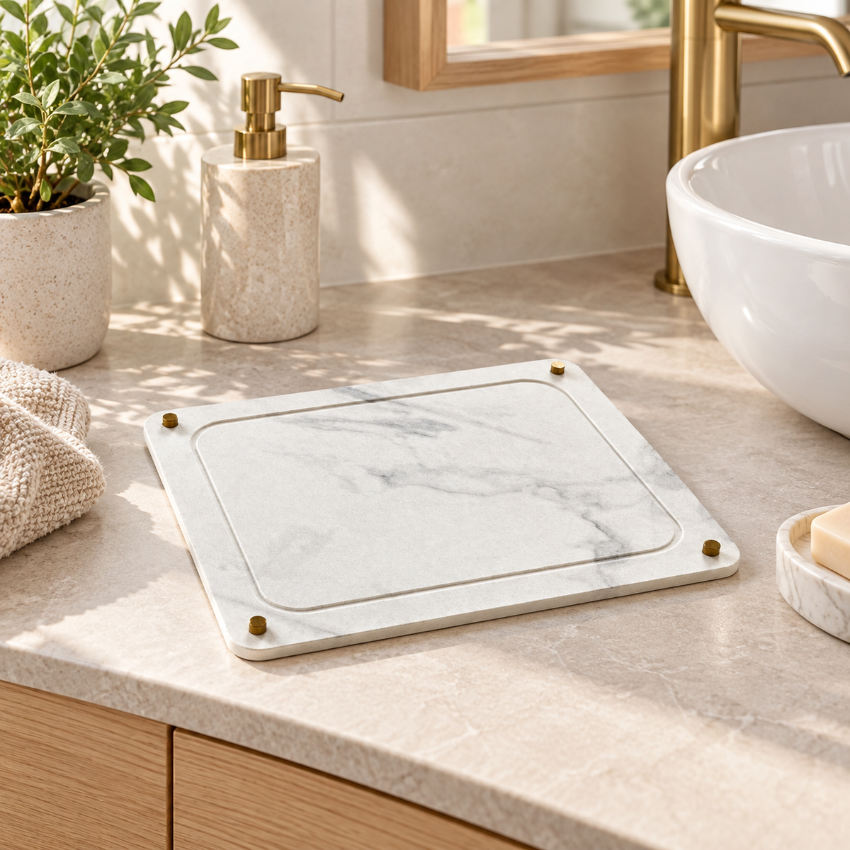 Organisateur De Salle De Bain Diatomite Marbre sur un lavabo lumineux