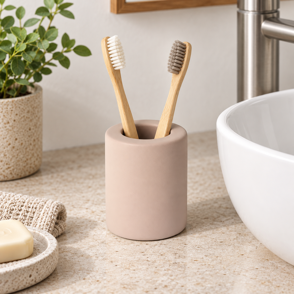 Petit Porte Brosse À Dent En Diatomite – Marron sur un lavabo lumineux
