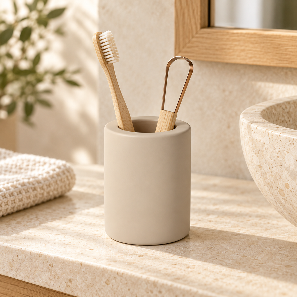 Petit Porte Brosse À Dent En Diatomite – Beige sur une étagère ambiance spa