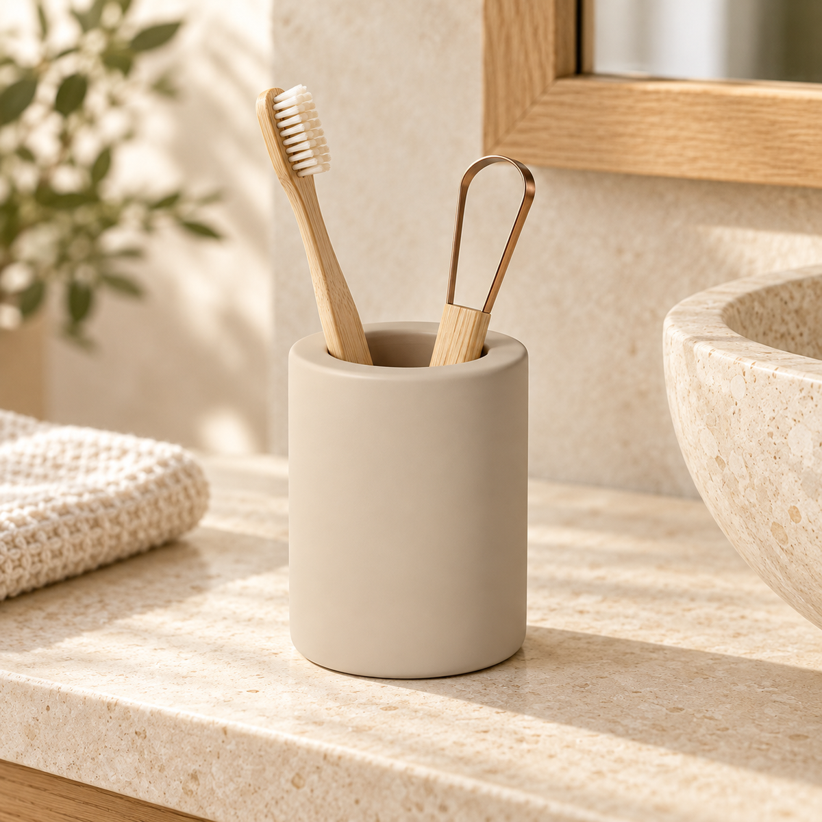 Petit Porte Brosse À Dent En Diatomite – Beige sur une étagère ambiance spa