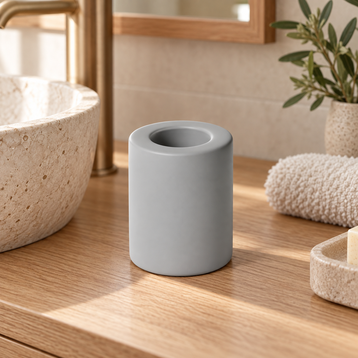 Petit Porte Brosse À Dent En Diatomite – Gris sur une étagère ambiance spa