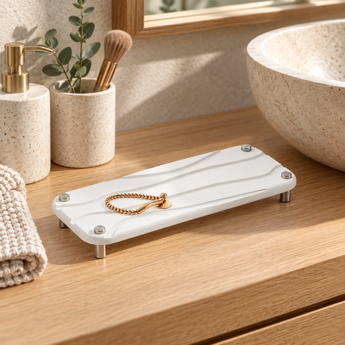 Petit Rangement Diatomite – Blanc sur une étagère ambiance spa
