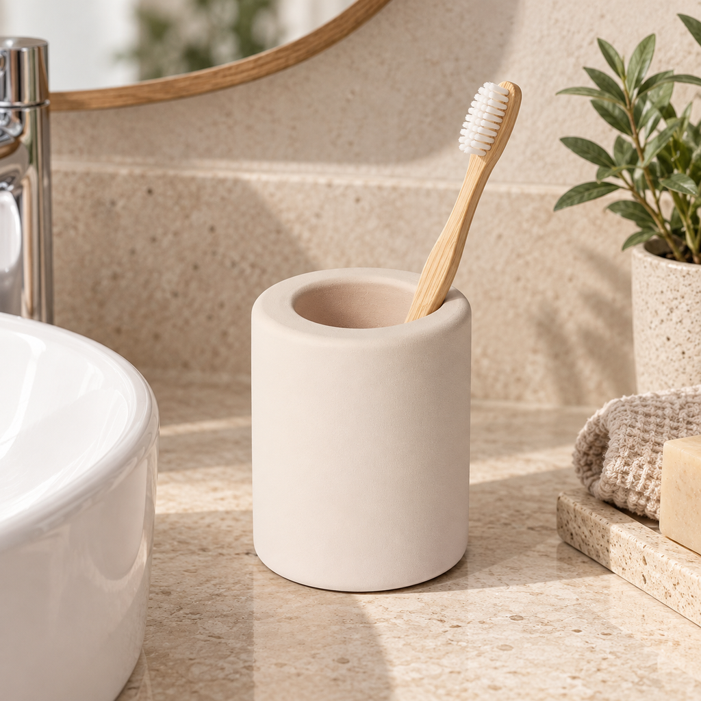 Porte Brosse À Dent En Diatomite Beige dans une salle de bain contemporaine