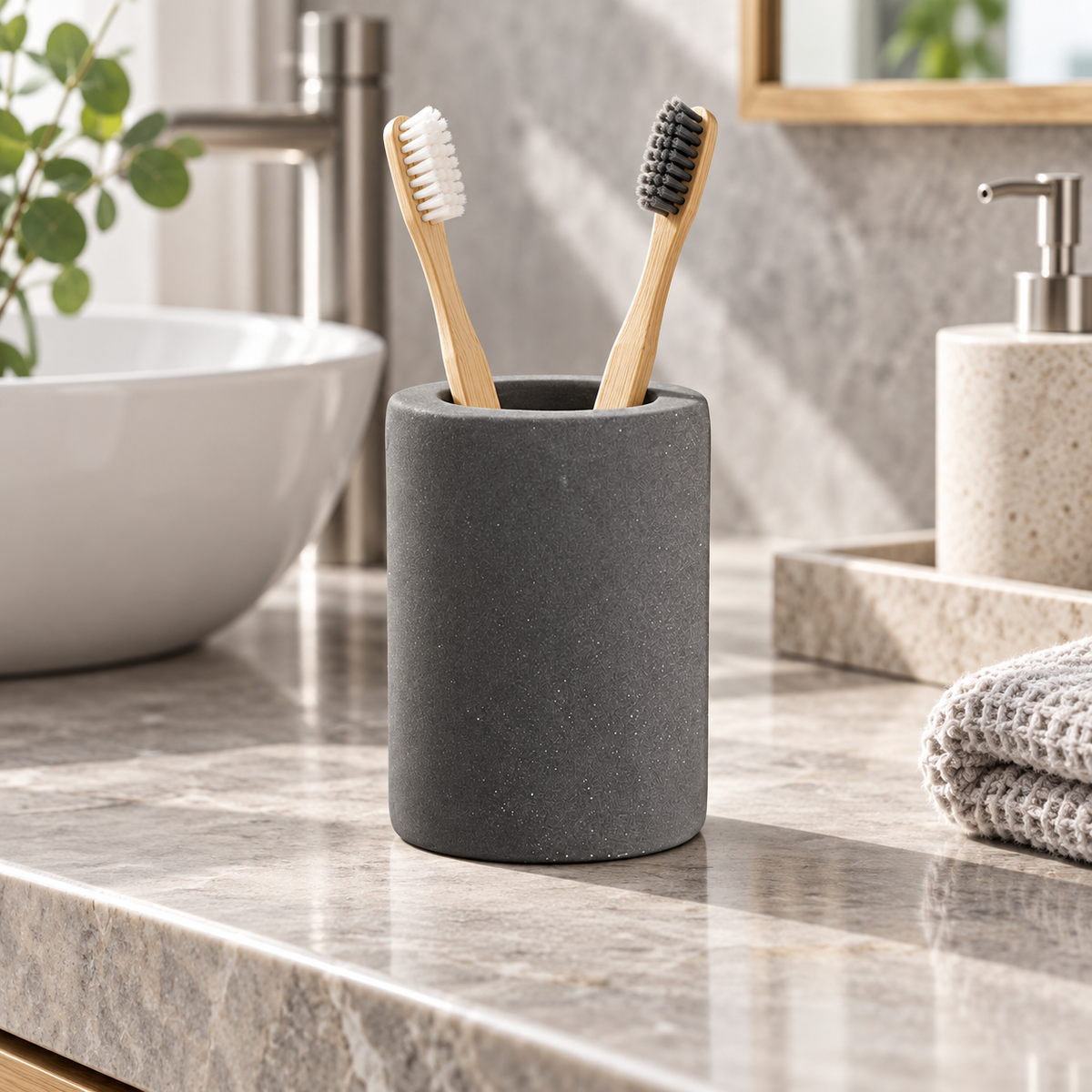 Porte Brosse À Dent En Diatomite Gris – Gris Foncé sur un lavabo lumineux