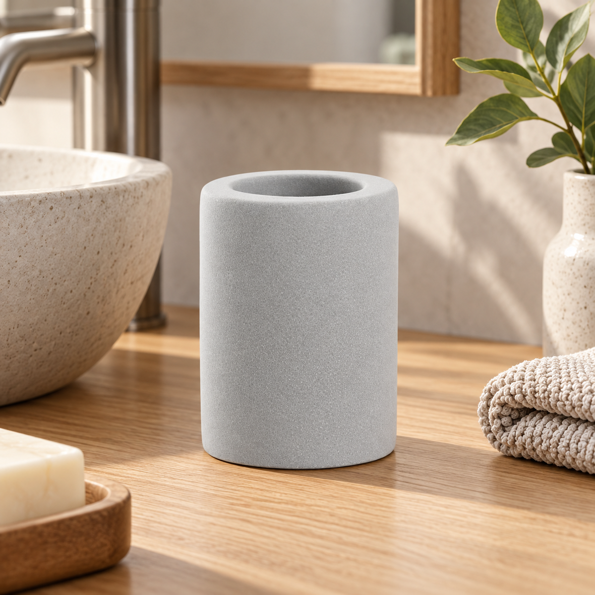 Porte Brosse À Dent En Diatomite Gris – Gris Clair sur une étagère ambiance spa