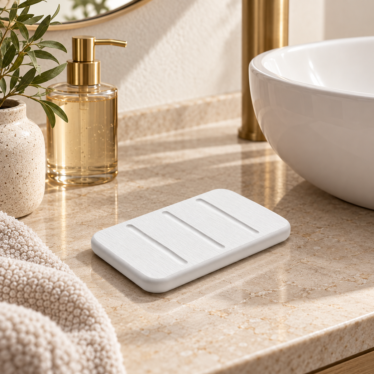 Porte Savon Blanc sur un meuble de salle de bain en bois