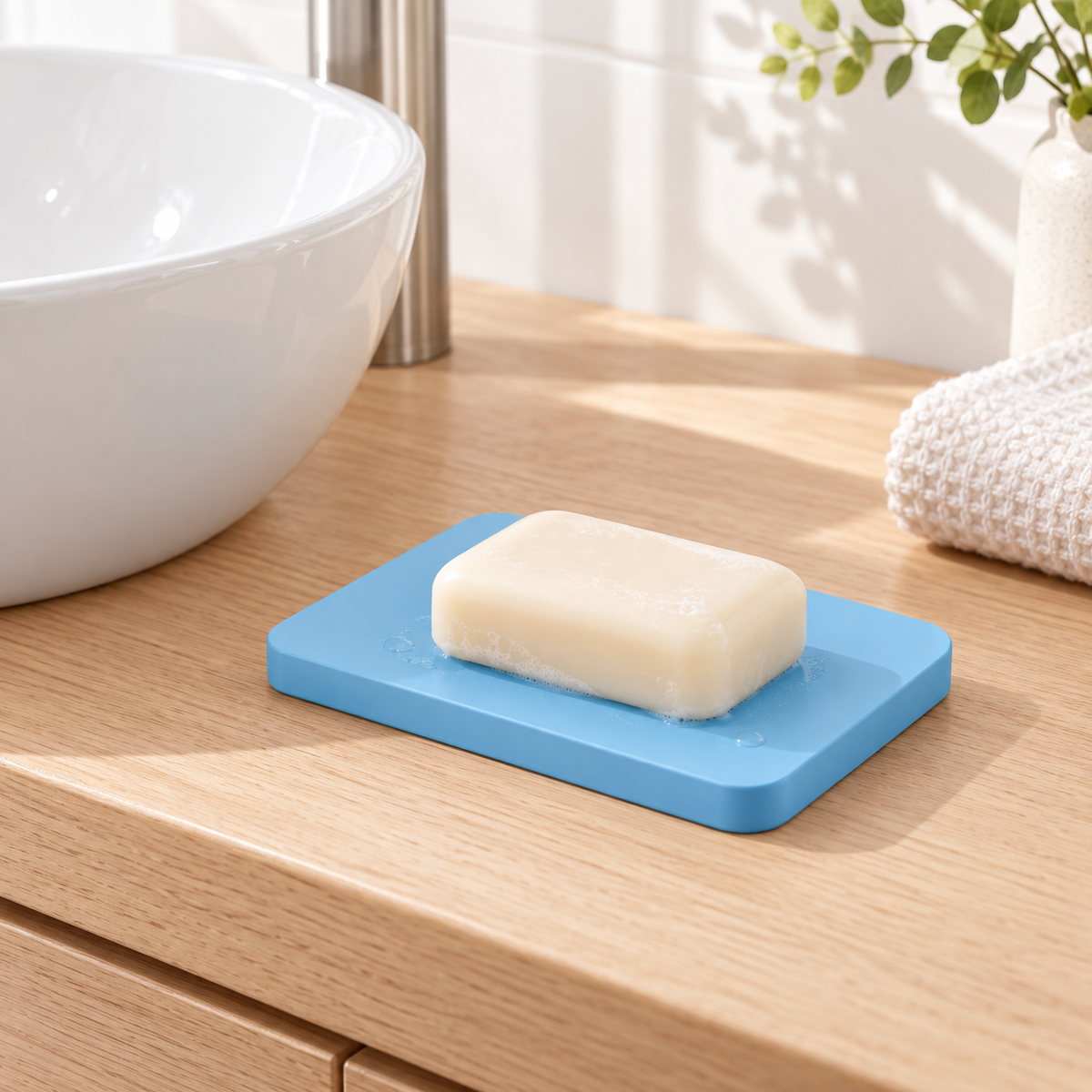 Porte Savon Bleu sur un lavabo lumineux