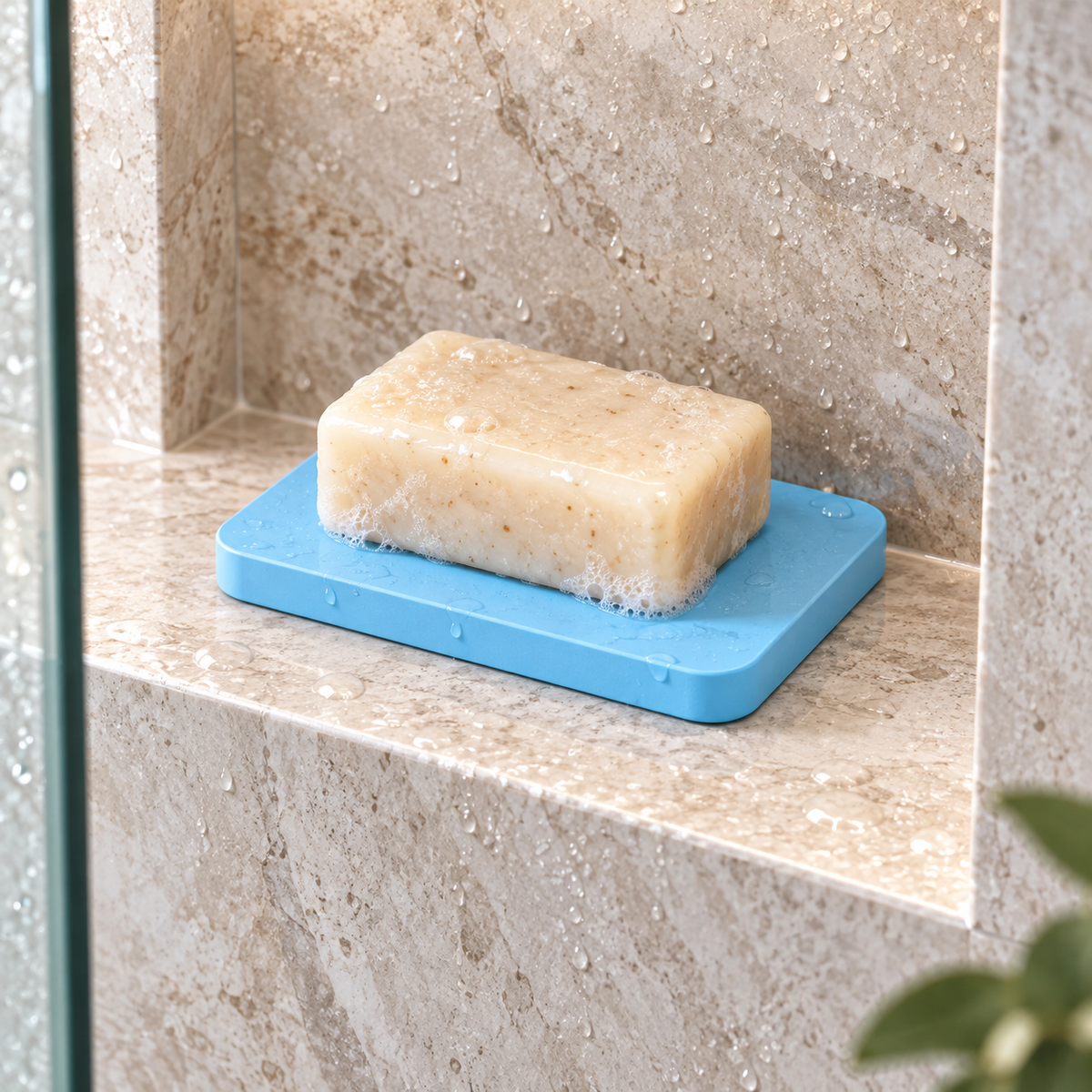 Porte Savon Bleu sur un meuble de salle de bain en bois