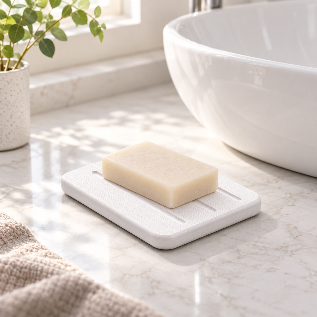 Porte Savon Design – Blanc sur un lavabo lumineux