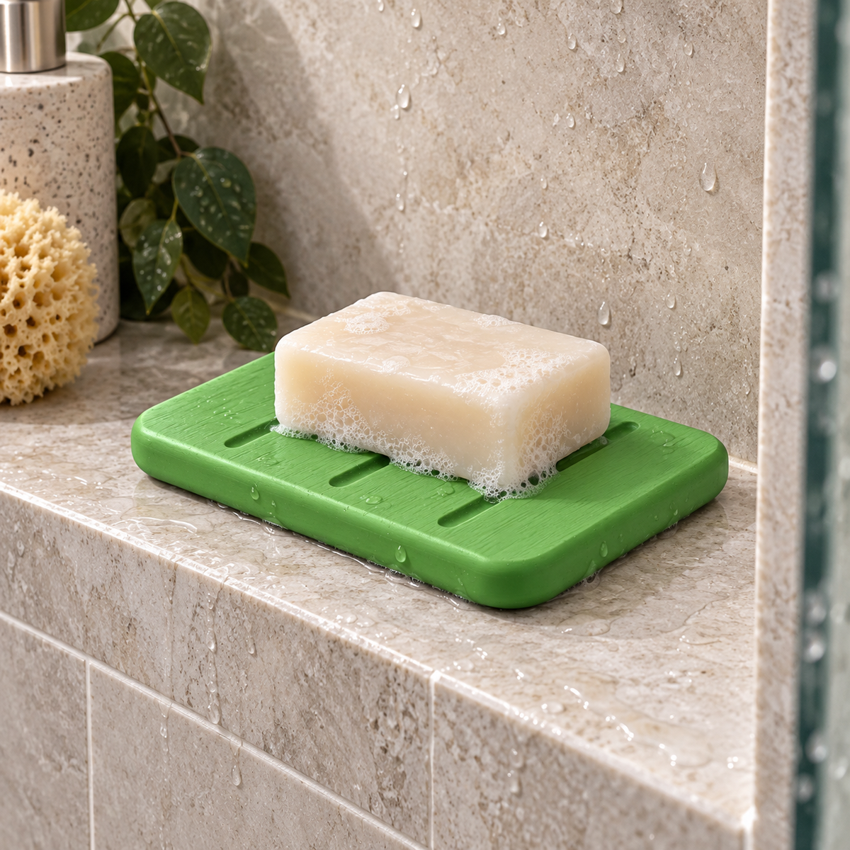 Porte Savon Design – Vert sur un meuble de salle de bain en bois