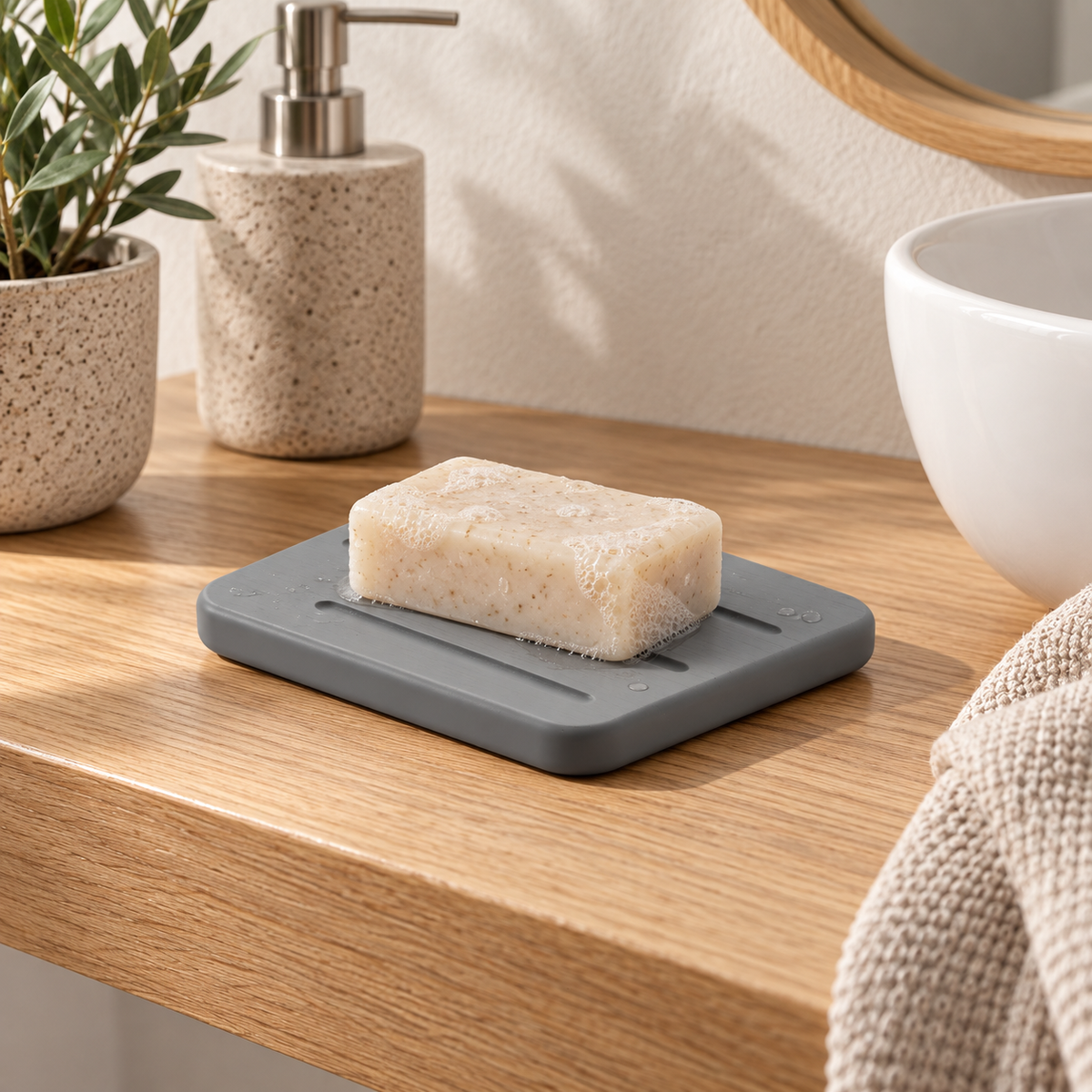 Porte Savon Design – Gris sur une étagère ambiance spa