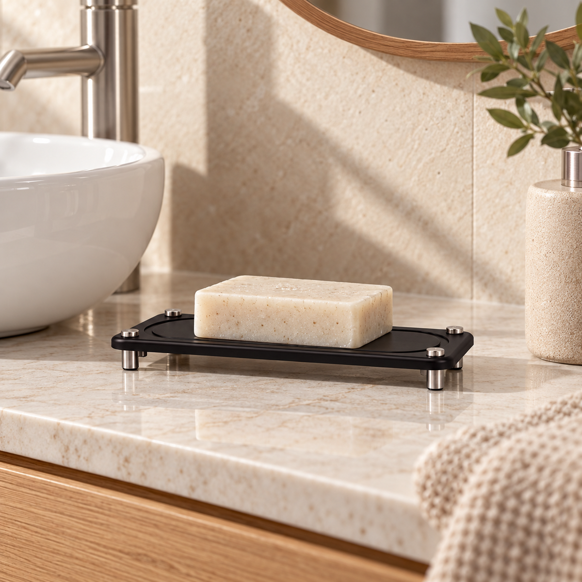 Porte Savon Lavabo – Noir sur une étagère ambiance spa