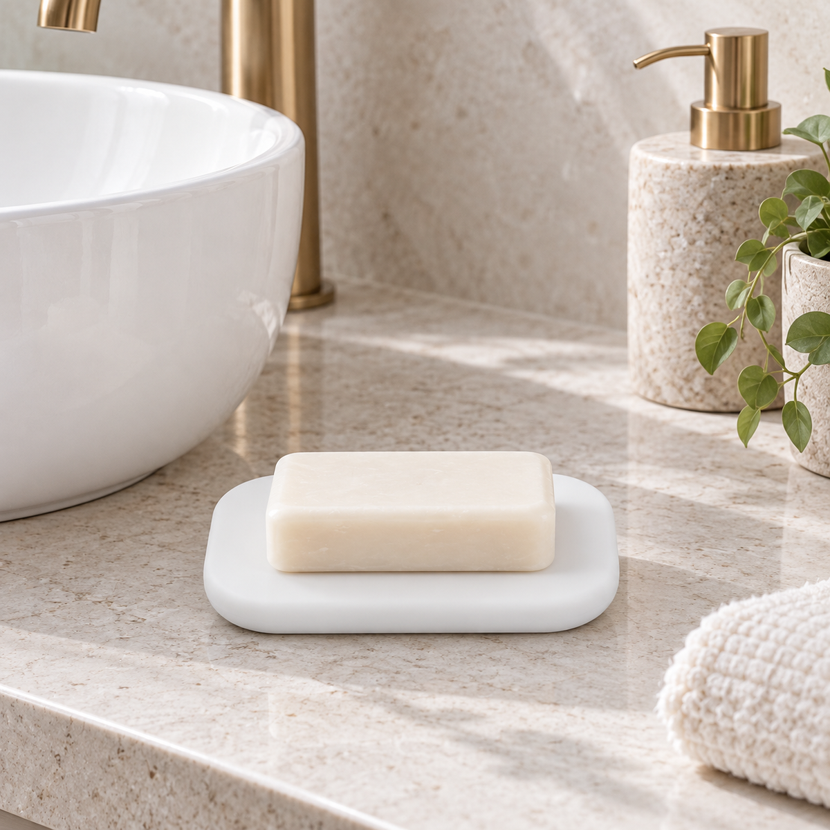Porte Savon Moderne – Blanc sur une étagère ambiance spa