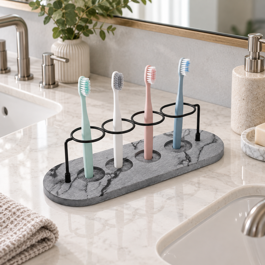 Rangement Brosse À Dents Diatomite – Gris sur un meuble de salle de bain en bois