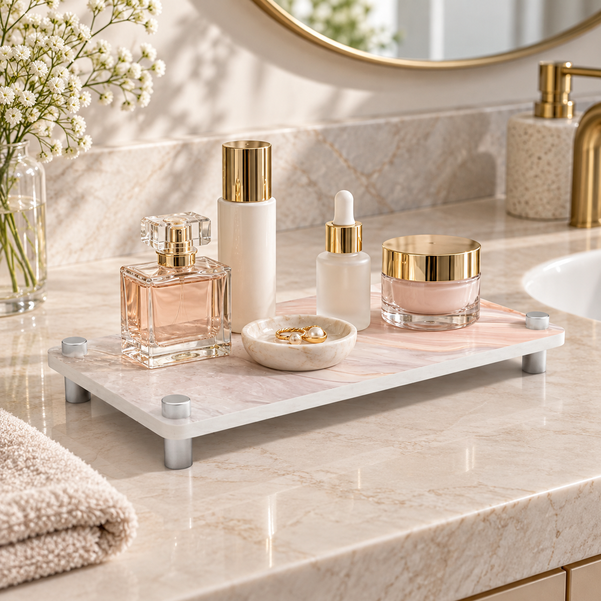 Rangement En Diatomite Rose – Rose / 25x10cm, Rose / 28x12cm sur un lavabo lumineux