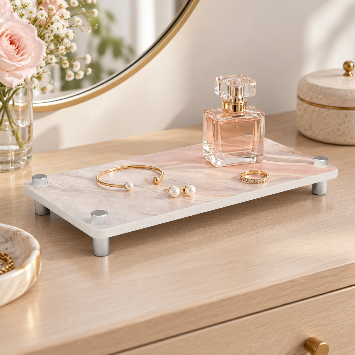 Rangement En Diatomite Rose – Rose / 25x10cm, Rose / 28x12cm dans une salle de bain contemporaine
