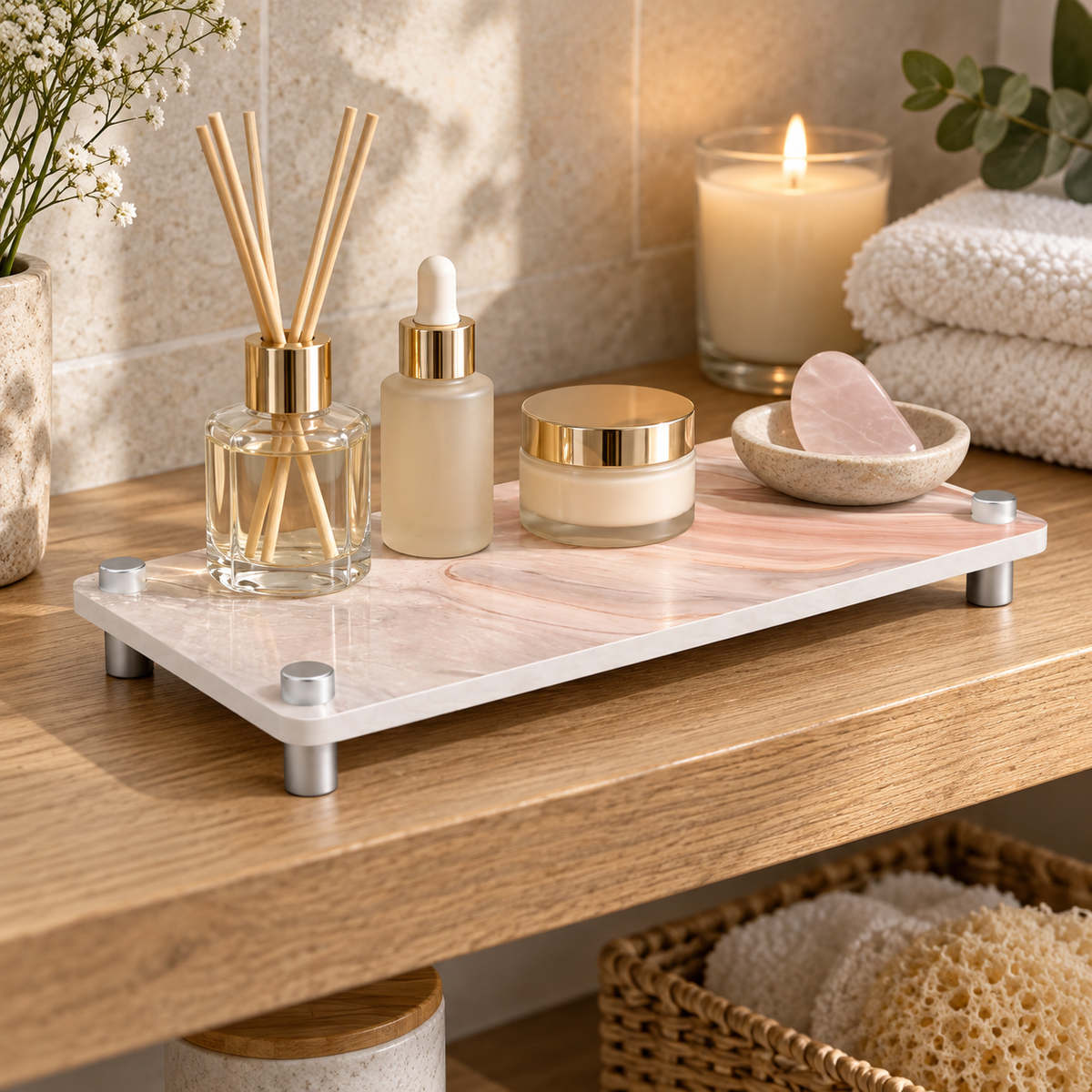 Rangement En Diatomite Rose – Rose / 25x10cm, Rose / 28x12cm sur une étagère ambiance spa