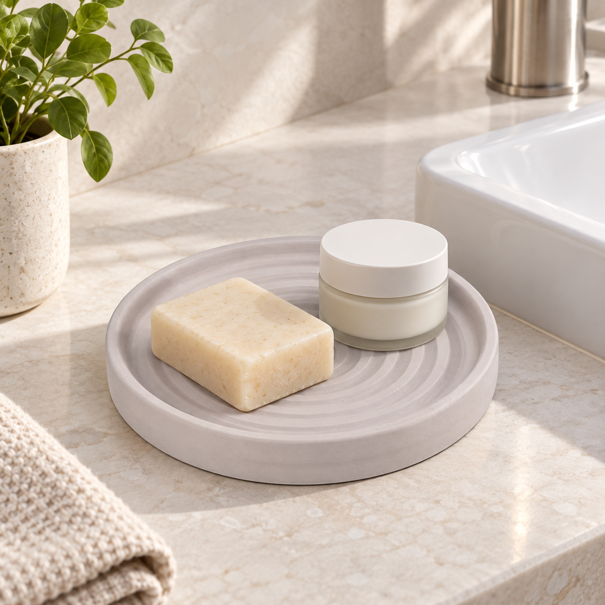 Rangement Forme Ronde En Diatomite – Gris sur un meuble de salle de bain en bois