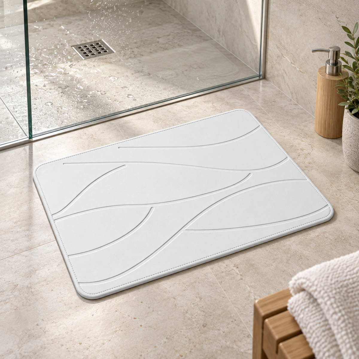 Tapis de Bain en Pierre de Diatomite – Blanc / 35x45cm dans une salle de bain lumineuse
