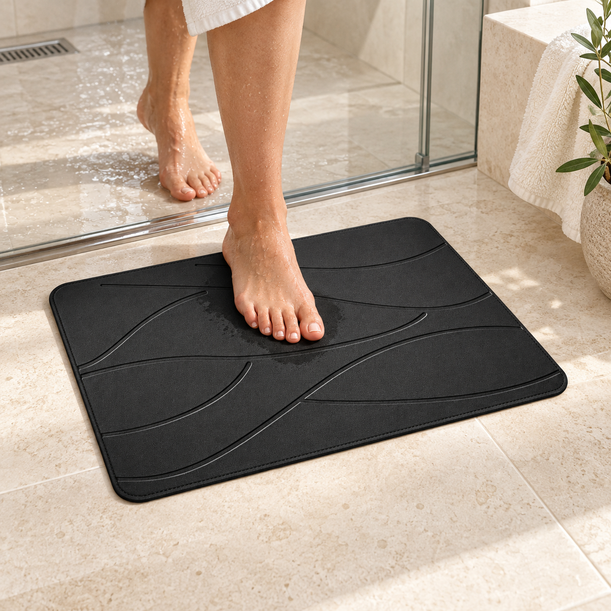 Tapis de Bain en Pierre de Diatomite – Noir / 35x45cm dans une salle de bain contemporaine