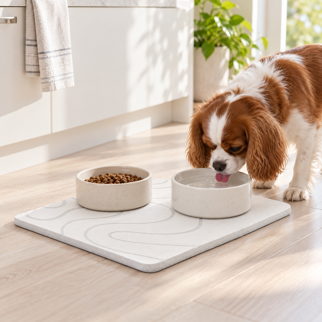 Tapis Diatomite Blanc Pour Animaux – Blanc / 30x40cm, Blanc / 35x45cm, Blanc / 40x60cm dans une cuisine lumineuse